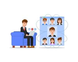 A man who is sitting on the sofa having virtual meeting vector