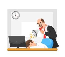 un jefe regañando a un empleado con un megáfono por quedarse dormido en la mesa de trabajo vector