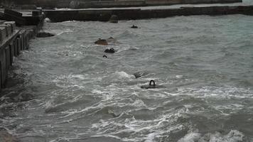 Waves crushing against breakwater. video