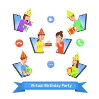 adolescentes que celebran los cumpleaños de sus amigos a través de teléfonos inteligentes vector