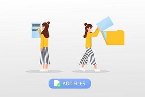 a woman added files to the folder, concept of adding digital documents vector