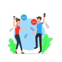 Two happy people getting discounted online shopping vector