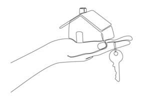 Outline drawing of sustainable house in hand with key. The concept of building housing for young families. vector