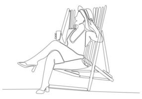 dibujo de línea continua de mujer relajándose y sentada en una tumbona junto a la playa aislada en fondo blanco vector