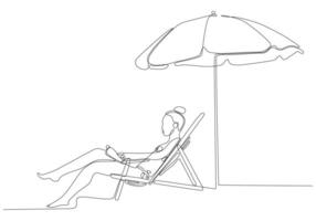 continuous line drawing of woman relaxing and sitting on deck chair by the beach isolated on white background vector