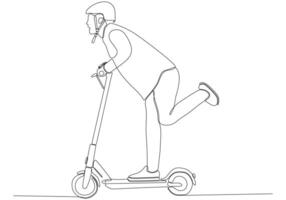 dibujo de línea continua. hombre guapo en una ilustración de vector de scooter