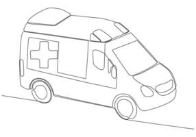 dibujo de una sola línea del vehículo de ambulancia del hospital para salvar al paciente crítico. 911 concepto minimalista aislado. Ilustración de vector de diseño gráfico de dibujo de una línea dinámica sobre fondo blanco