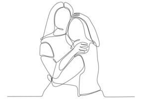 dibujo continuo de mujeres alegres abrazándose entre sí. dos mujeres abrazándose vector