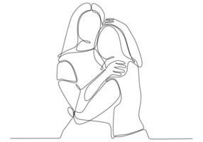 Continuous line drawing of cheerful women embracing each other. Two women hugging each other vector