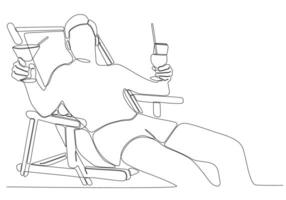 continuous line drawing of man drinking cocktail and sitting on deck chair by the beach isolated on white background vector illustration