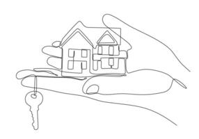 Outline drawing of sustainable house in hand with key. The concept of building housing for young families. vector