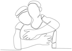 Continuous line drawing of cheerful friends embracing each other. Two young men hug each other. Felt happy friends meeting with hug isolated on white background. hug. embrace. Vector