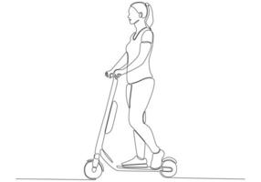 Continuous line drawing. Beautiful girl on a scooter. Vector illustration