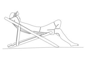 continuous line drawing of man drinking cocktail and sitting on deck chair by the beach isolated on white background vector illustration