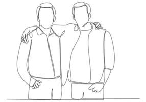 Continuous line drawing of cheerful friends embracing each other. Two young men hug each other. Felt happy friends meeting with hug isolated on white background. hug. embrace. Vector