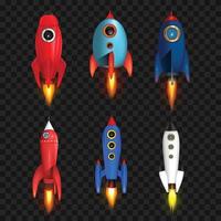 Realistic vector retro space rocket ship launch icon set isolate on transparent background. Vector background with retro space rocket ship launch, Template