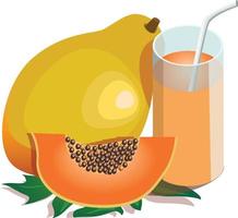 conjunto de papaya entera, papaya a la mitad y jugo de papaya en un vaso aislado en fondo blanco vector