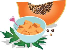 Fresh papaya fruit halved and papaya pieces served in a bowl with a spike. Isolated on white background vector