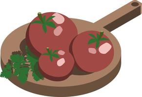 Vector isometric fresh red tomatoes served on wooden board with parsley green