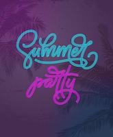 Neon sign Summer party. Vector lettering with tropical background. Poster for night club party. Template for banner, poster, flyer, card, postcard, cover, brochure.