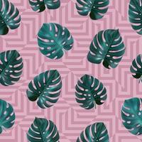 Tropical seamless pattern with green leaves monstera on pink geometric background. Vector template for textile, wallpaper, sites, card, fabric, web design.