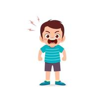 cute little kid boy stand and show angry pose expression vector