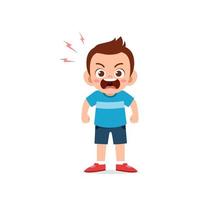 cute little kid boy stand and show angry pose expression vector