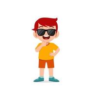 cute little kid boy show cool and wearing black glasses pose expression vector