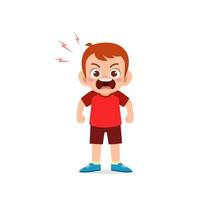 cute little kid boy stand and show angry pose expression vector