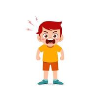 cute little kid boy stand and show angry pose expression vector