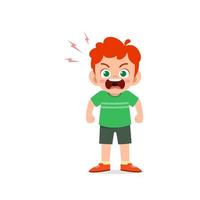 cute little kid boy stand and show angry pose expression vector