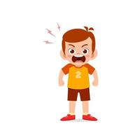 cute little kid boy stand and show angry pose expression vector