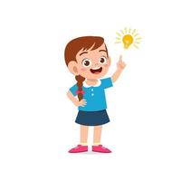 cute little kid girl show idea pose expression with light bulb sign vector