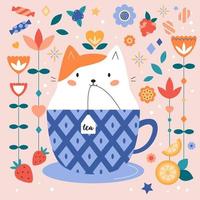 Cute cartoon cat in cup with tea bag. Kawaii animal character. Abstract flowers, sweets and fruits. Tea time. Greeting card, poster or invitation. Vector illustration.