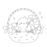 Coloring page with cute chick in basket and flowers. Kawaii animal. Easter vector illustration.