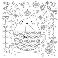 Doodle antistress coloring page with cat in cup. Abstract flowers, fruits and sweets. Cartoon kawaii kitty. Outline black and white vector illustration. Tea time. Coloring book for adults and kids.