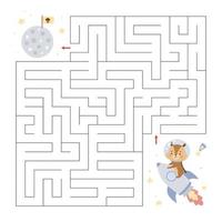 Educational maze game for children. Help the little chipmunk on rocket find right way to the moon. Space theme worksheet. Cute cartoon character. vector