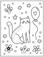 Coloring page for children. Cute cartoon cat with balloon and flowers. Black and white vector illustration. Valentines day and birthday greeting card.