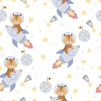 Childish seamless pattern with chipmunk on rocket. Space theme. Cute cartoon animal character. Hand drawn stars and moon. Vector illustration.