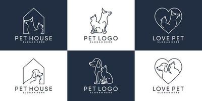 Set of cat and dog logo design with line art style and creative element Premium Vector