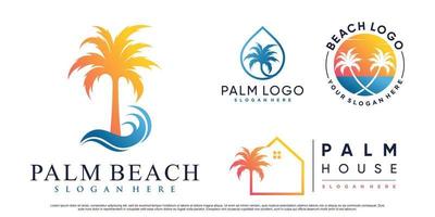 conjunto de ilustración de diseño de logotipo de palmera y playa con vector premium de elemento creativo