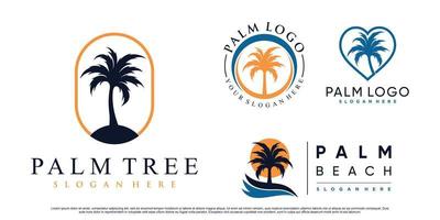 conjunto de ilustración de diseño de logotipo de palmera y playa con vector premium de elemento creativo