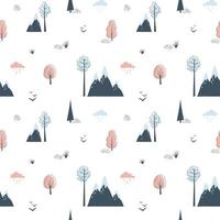 Minimalistic seamless pattern with mountains and trees on white background. Northern landscape in limited colours vector