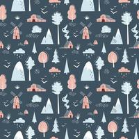 Minimalistic seamless pattern with mountains, trees, houses and windmill on dark blue background. Landscape in limited colours. vector