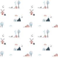 Minimalistic seamless pattern with mountains, trees, houses and windmill on white background. Northern landscape in limited colours vector