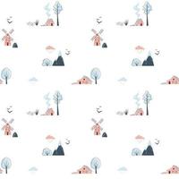 Minimalistic seamless pattern with mountains, trees, houses and windmill on white background. Northern landscape in limited colours vector