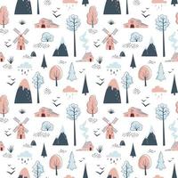 Minimalistic seamless pattern with mountains, trees, houses and windmill on white background. vector
