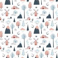 Minimalistic seamless pattern with mountains, trees, houses and windmill on white background. vector