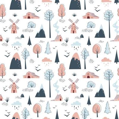 Minimalistic seamless pattern with mountains, trees, houses and windmill on white background.