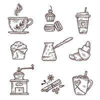 Hand drawn coffee set. Vector sketch illustration set with cup, cezve, spices, coffee grinder, croissant and other desserts.